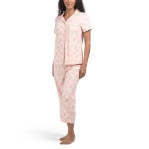 POPPY & CLAY Pink 2pc Summer Peach Notch Collar Top And Capris Pajama Set